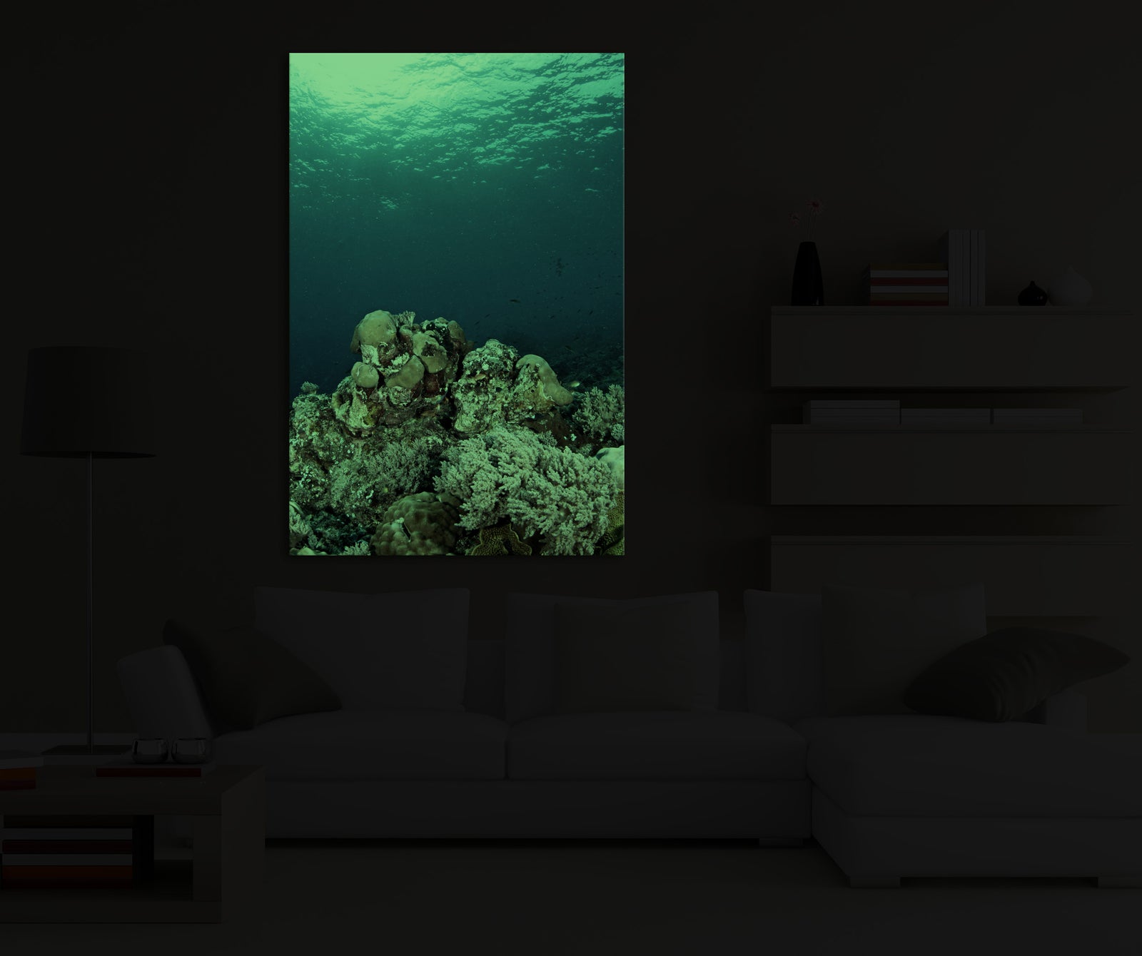 Landscapes No. 341, glowing in a room at night