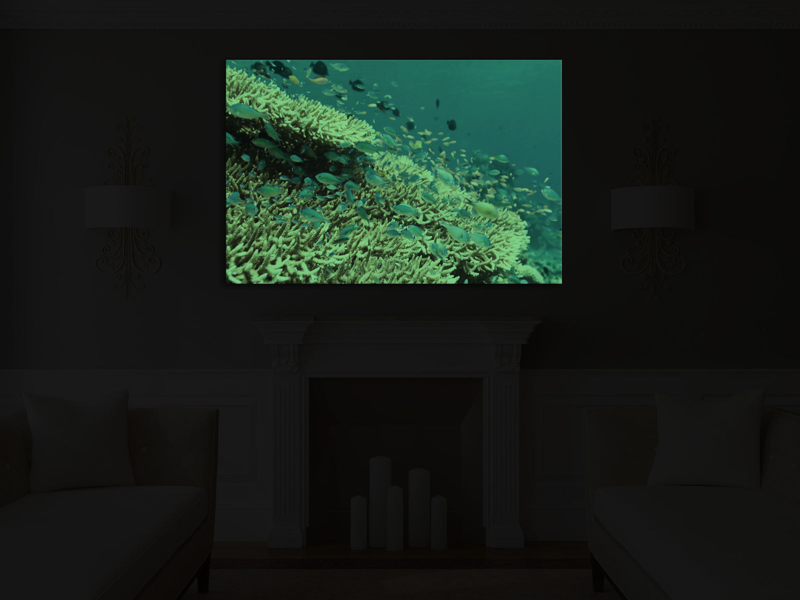 Landscapes No. 345, glowing in a room at night