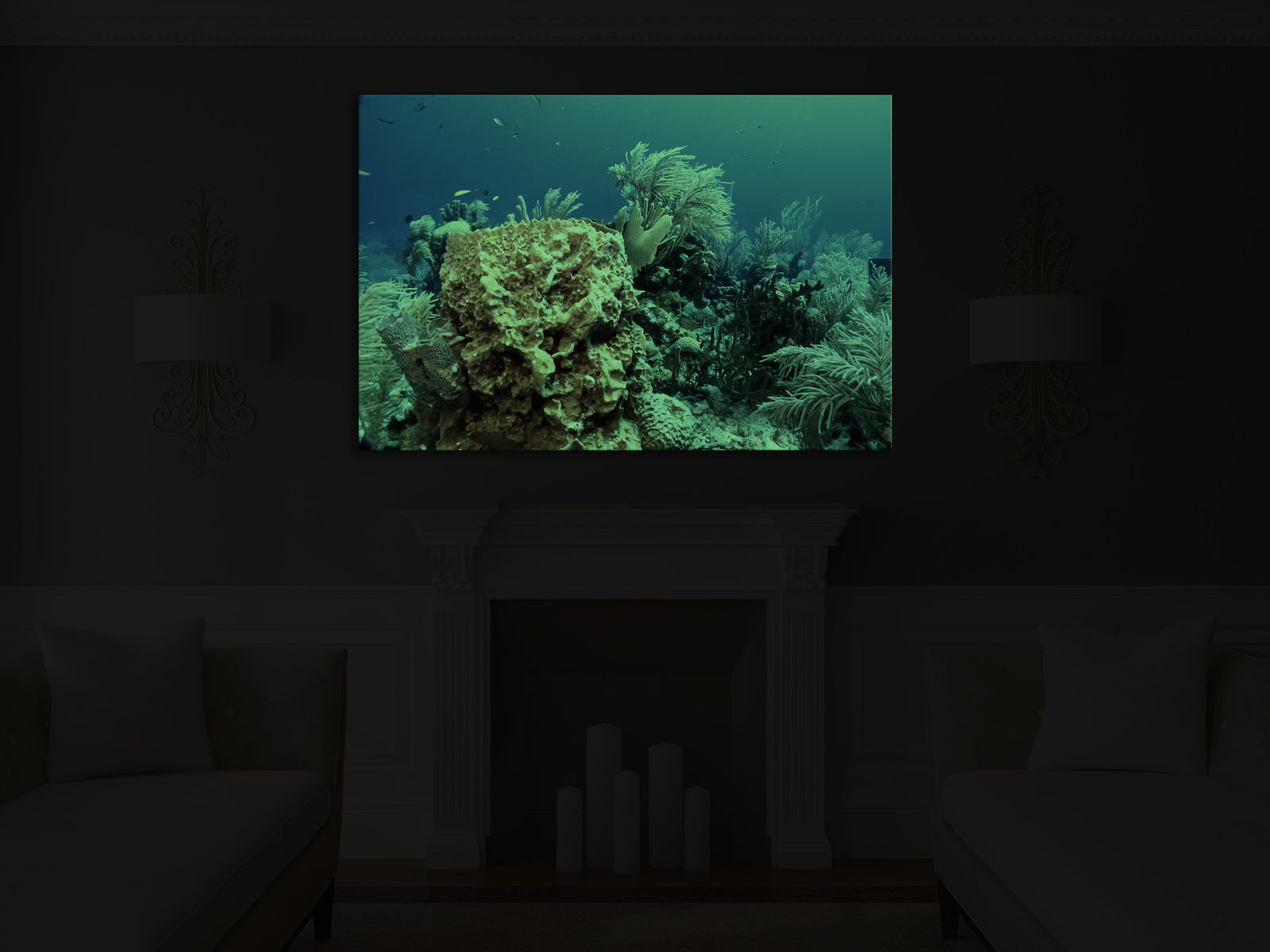 Landscapes No. 349, glowing in a room at night