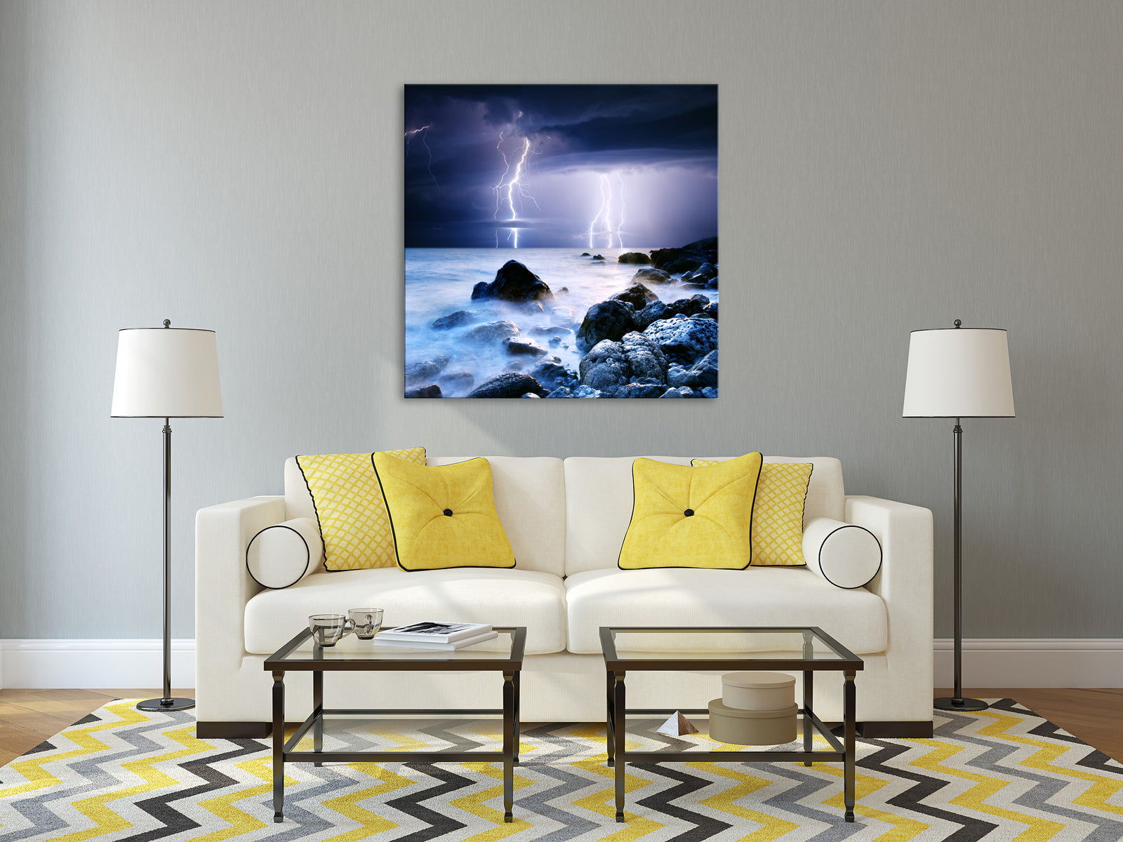 Landscapes No. 355, shown framed in a room by day