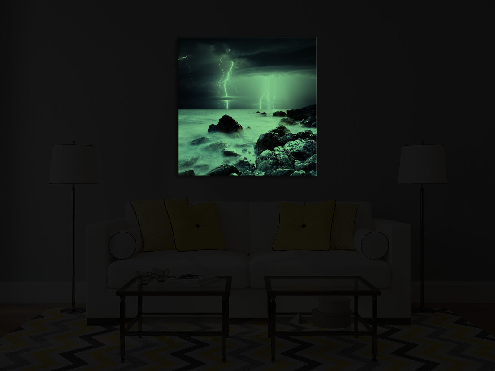 Landscapes No. 355, glowing in a room at night