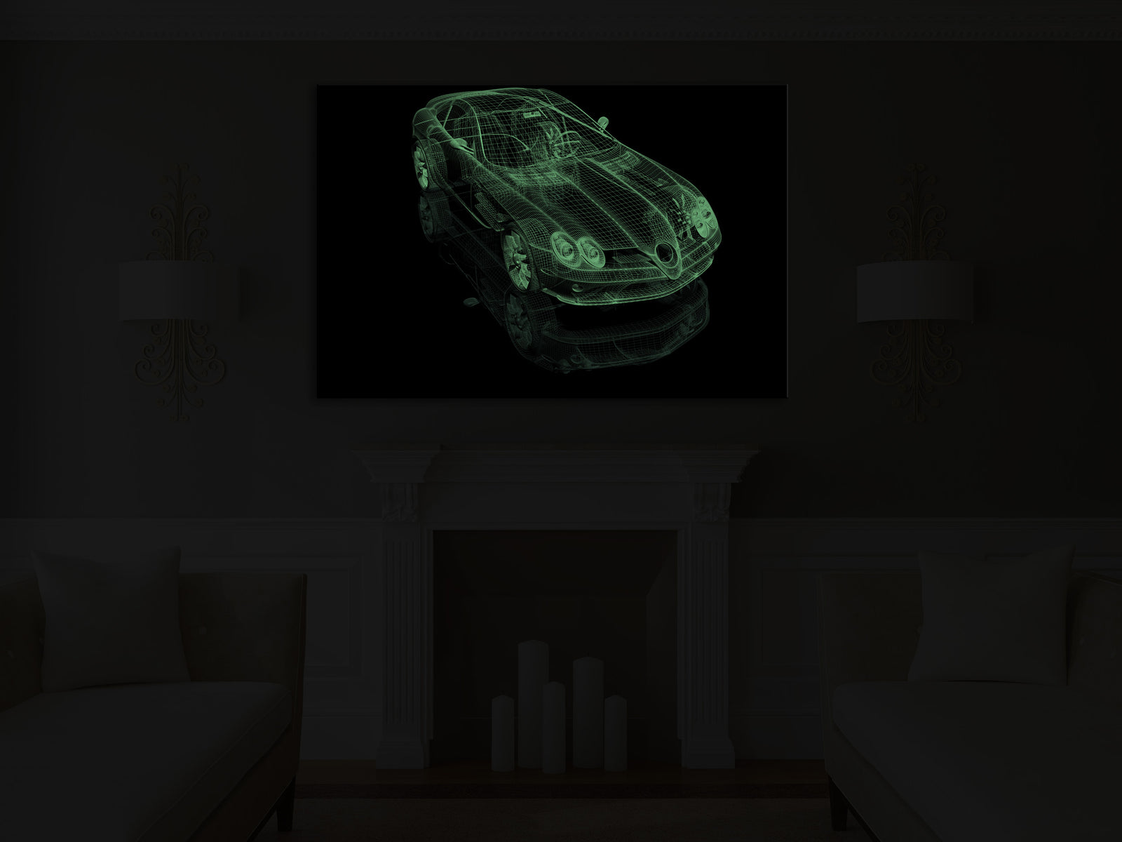 Maps No. 009, glowing in a room at night