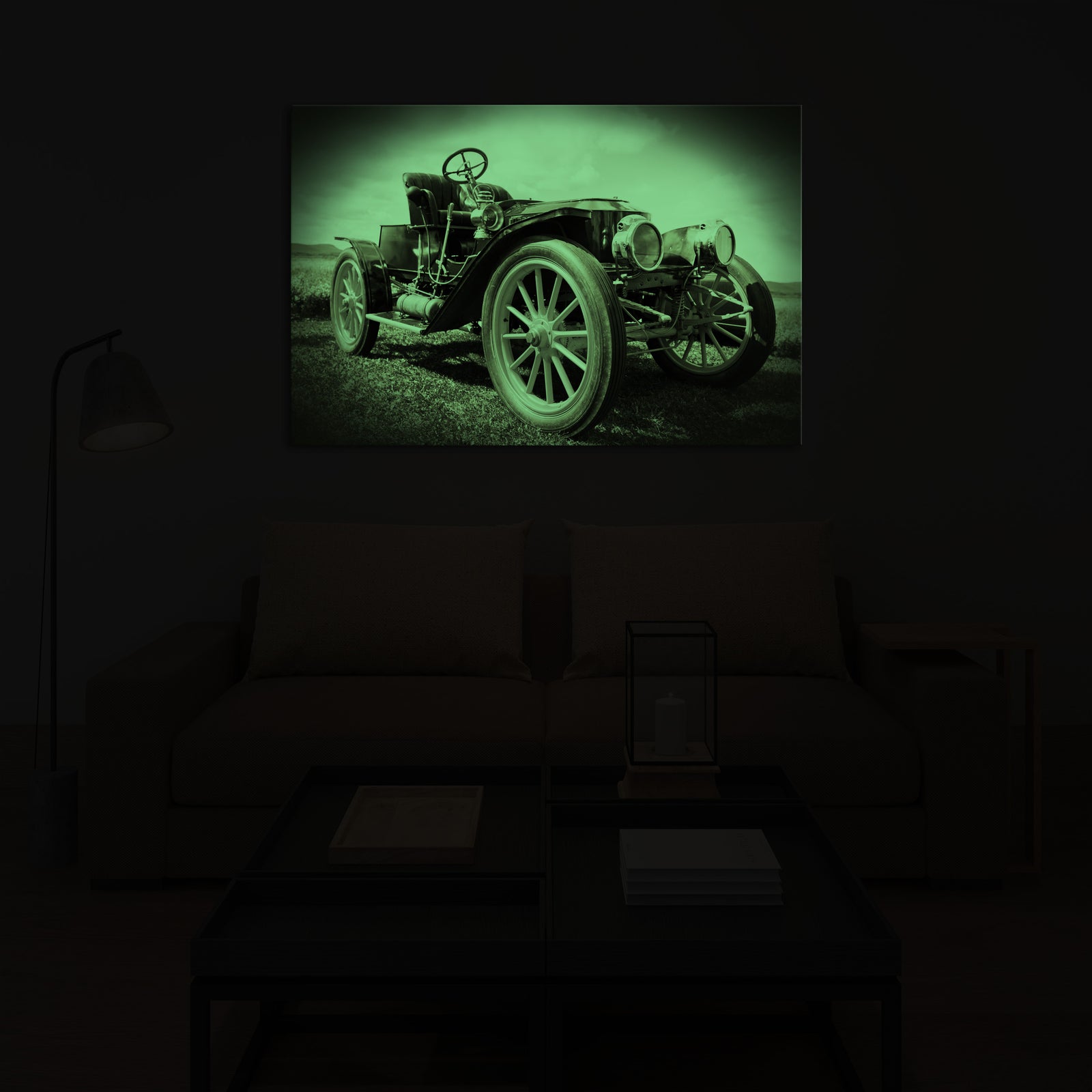 Maps No. 010, glowing in a room at night