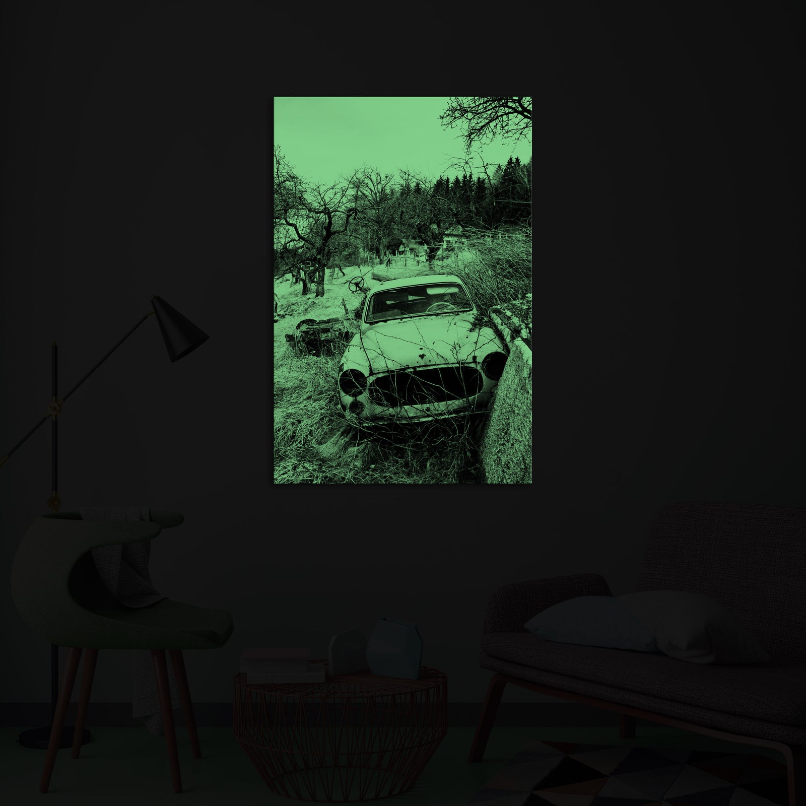 Maps No. 011, glowing in a room at night