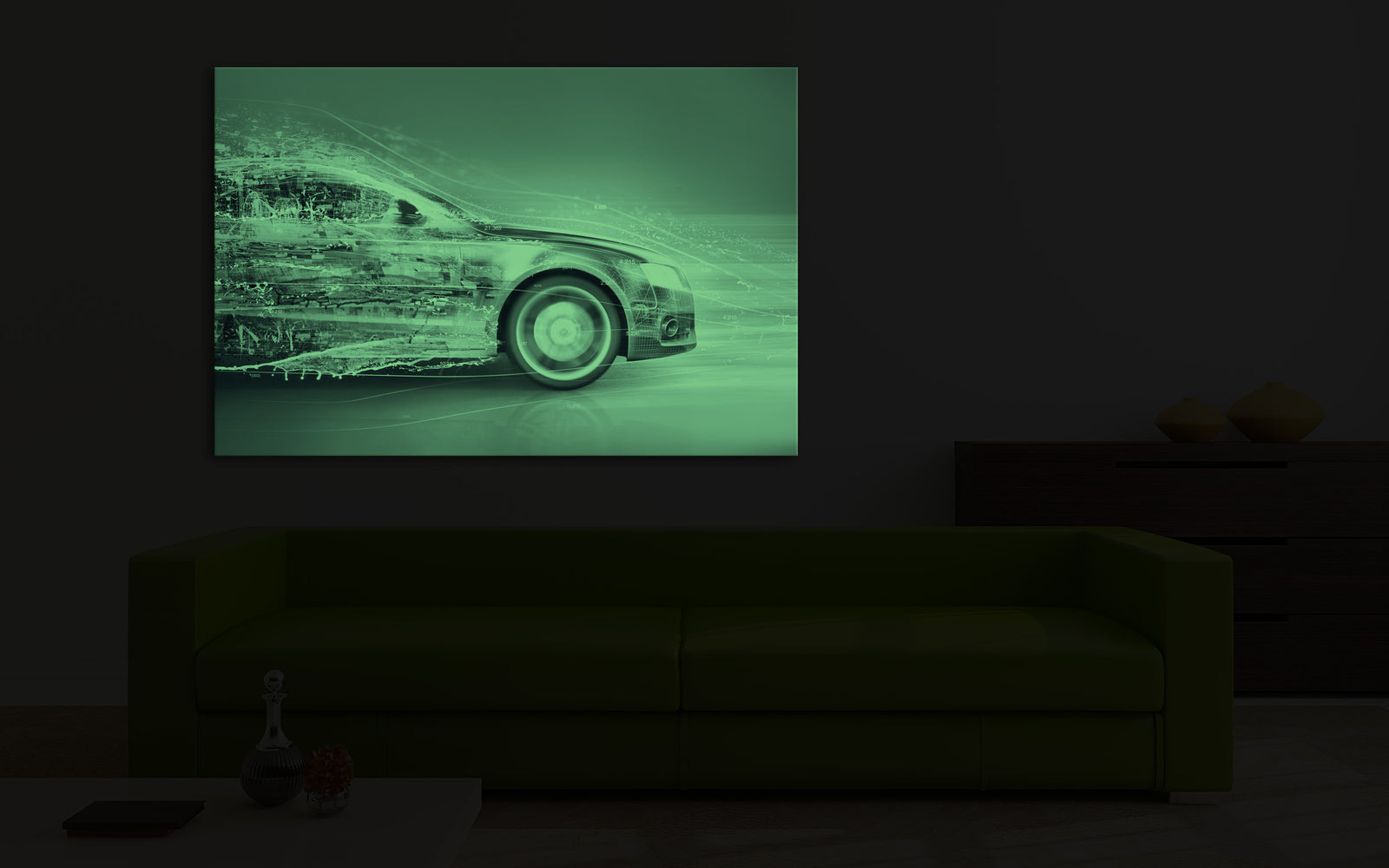 Maps No. 018, glowing in a room at night