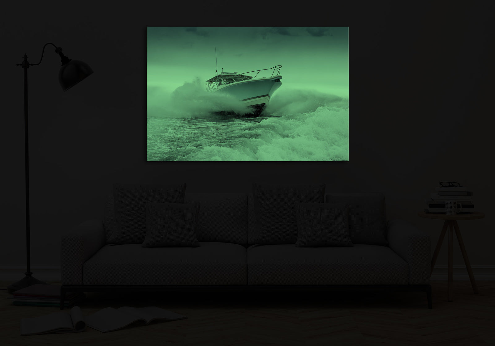Maps No. 019, glowing in a room at night