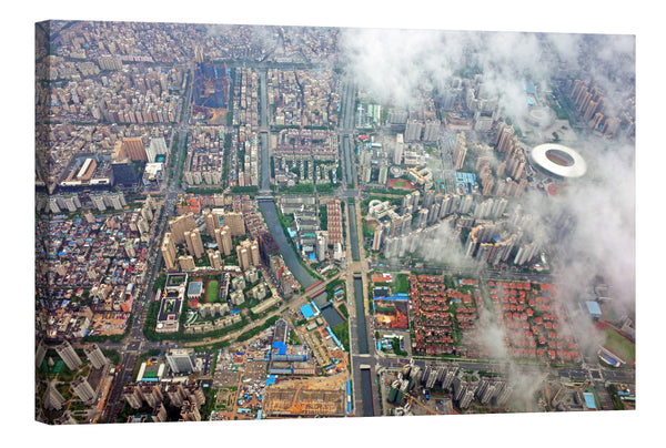 Aerial City Through Clouds Glow in the Dark Canvas Wall Art for Office, by day