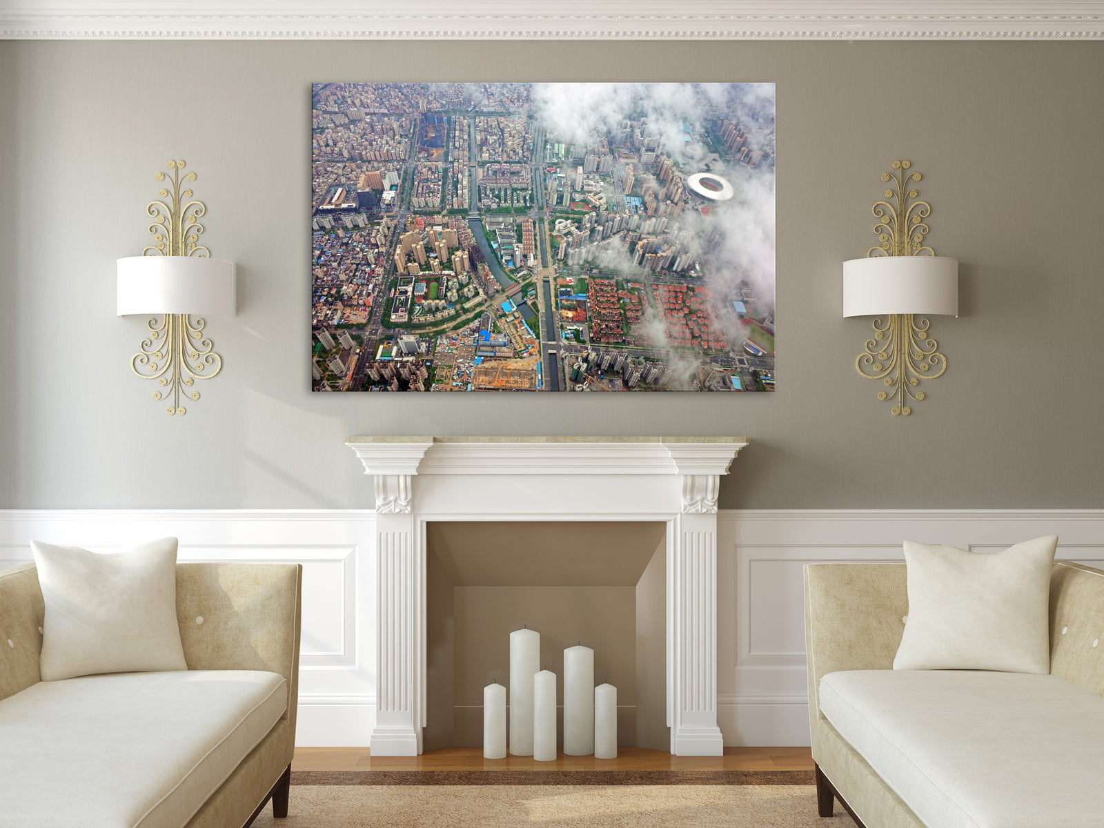 Cities No. 013, shown framed in a room by day
