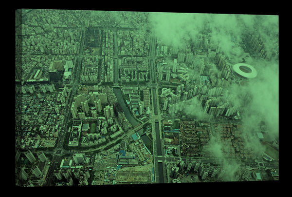 Aerial City Through Clouds Glow in the Dark Canvas Wall Art for Office, glowing at night