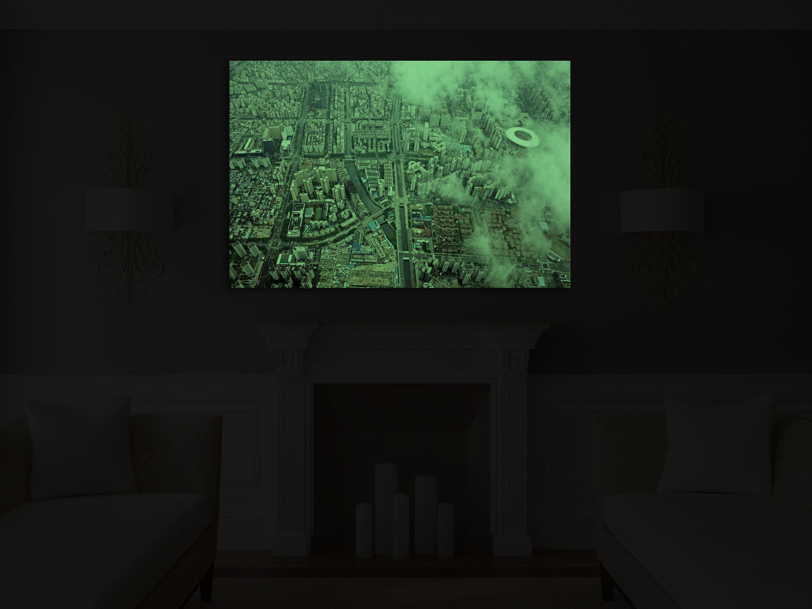 Cities No. 013, glowing in a room at night