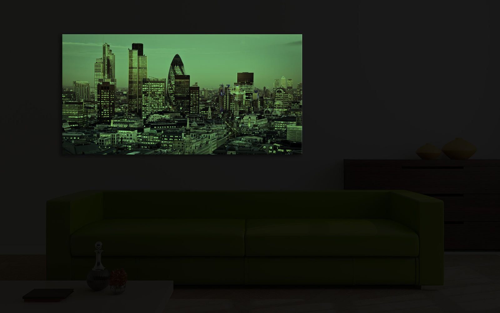 Cities No. 022, glowing in a room at night