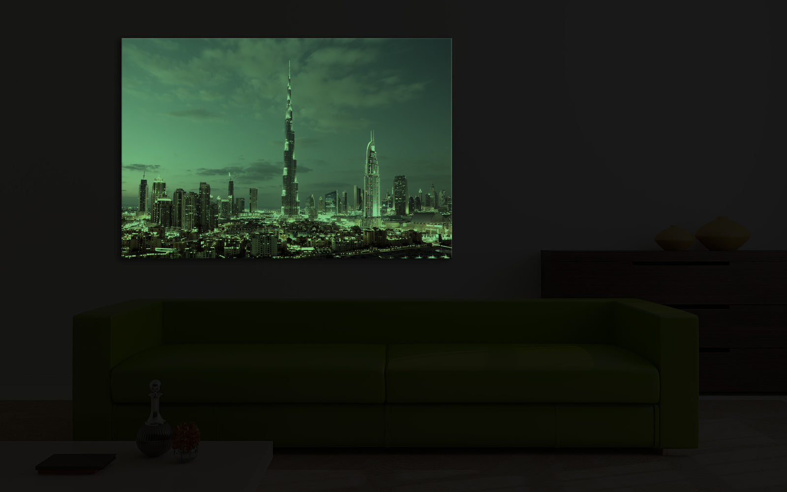 Cities No. 042, glowing in a room at night