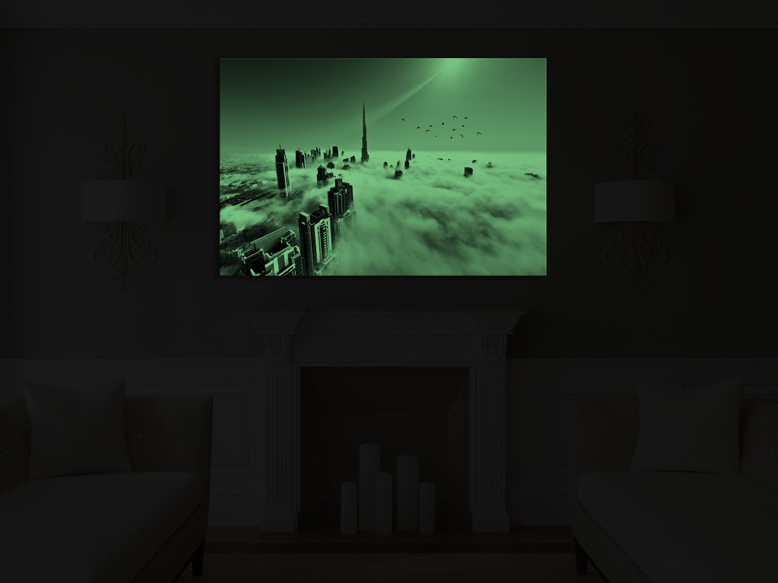 Cities No. 043, glowing in a room at night