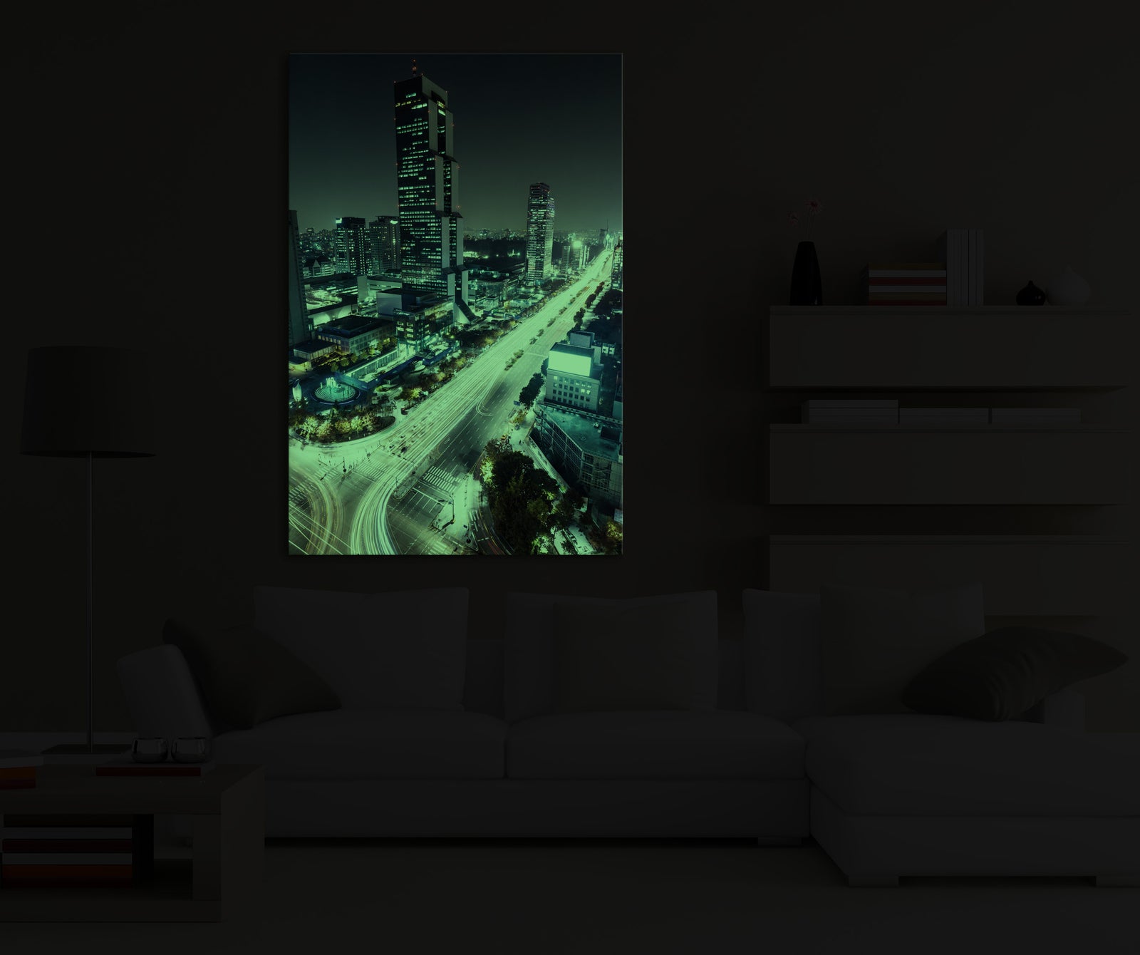 Cities No. 061, glowing in a room at night