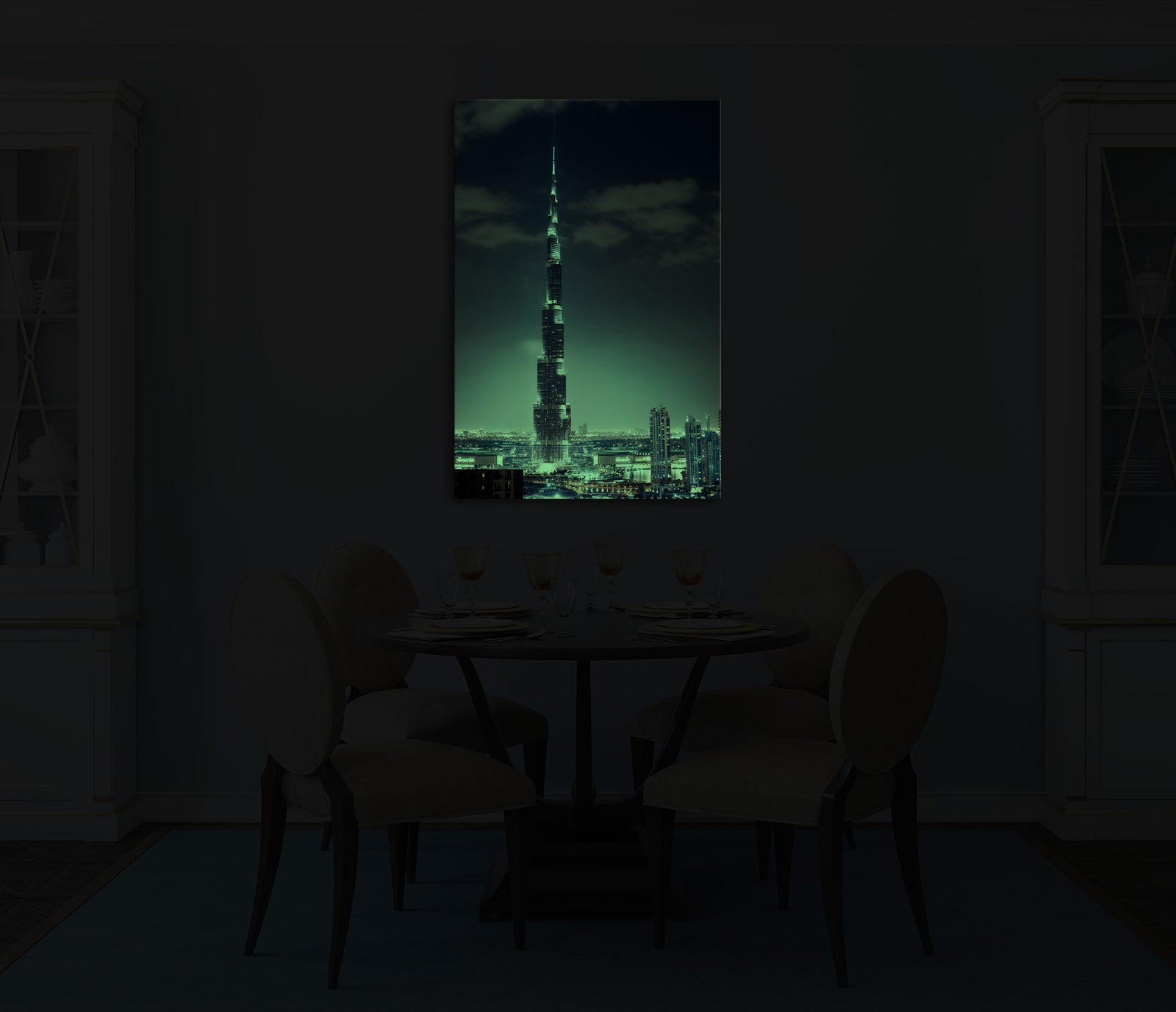 Cities No. 064, glowing in a room at night