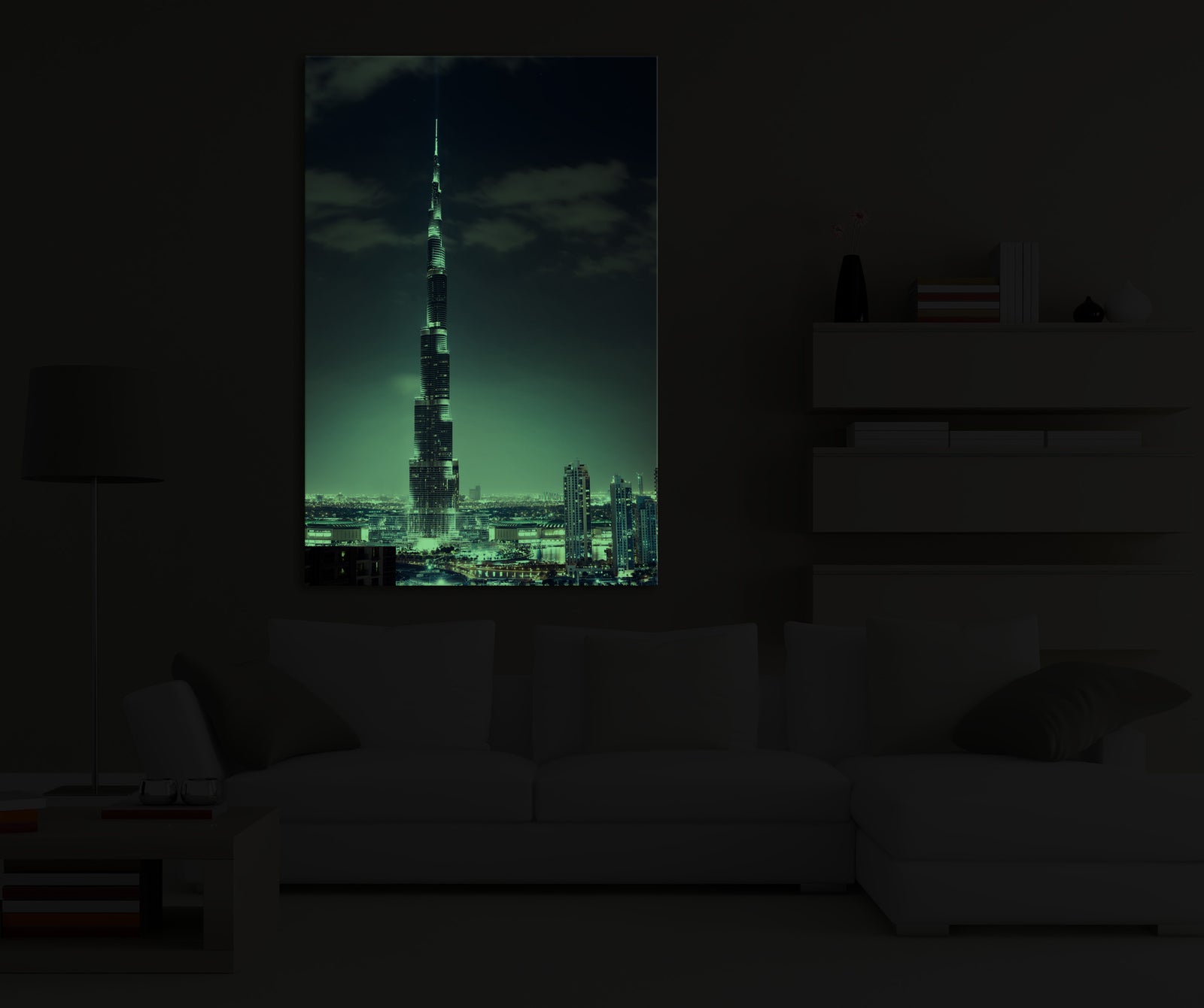 Cities No. 078, glowing in a room at night