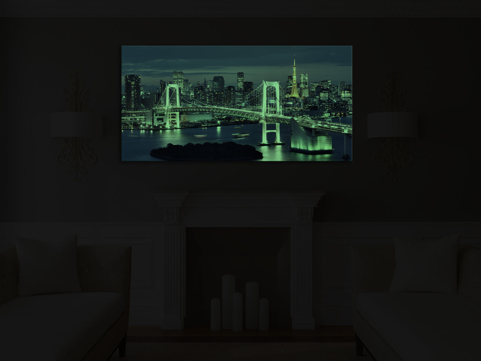 Cities No. 079, glowing in a room at night