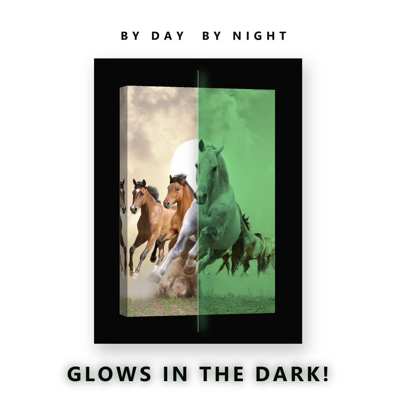 Horses Galloping at Sunrise Glow in the Dark Canvas Wall Art Living Room, glowing at night