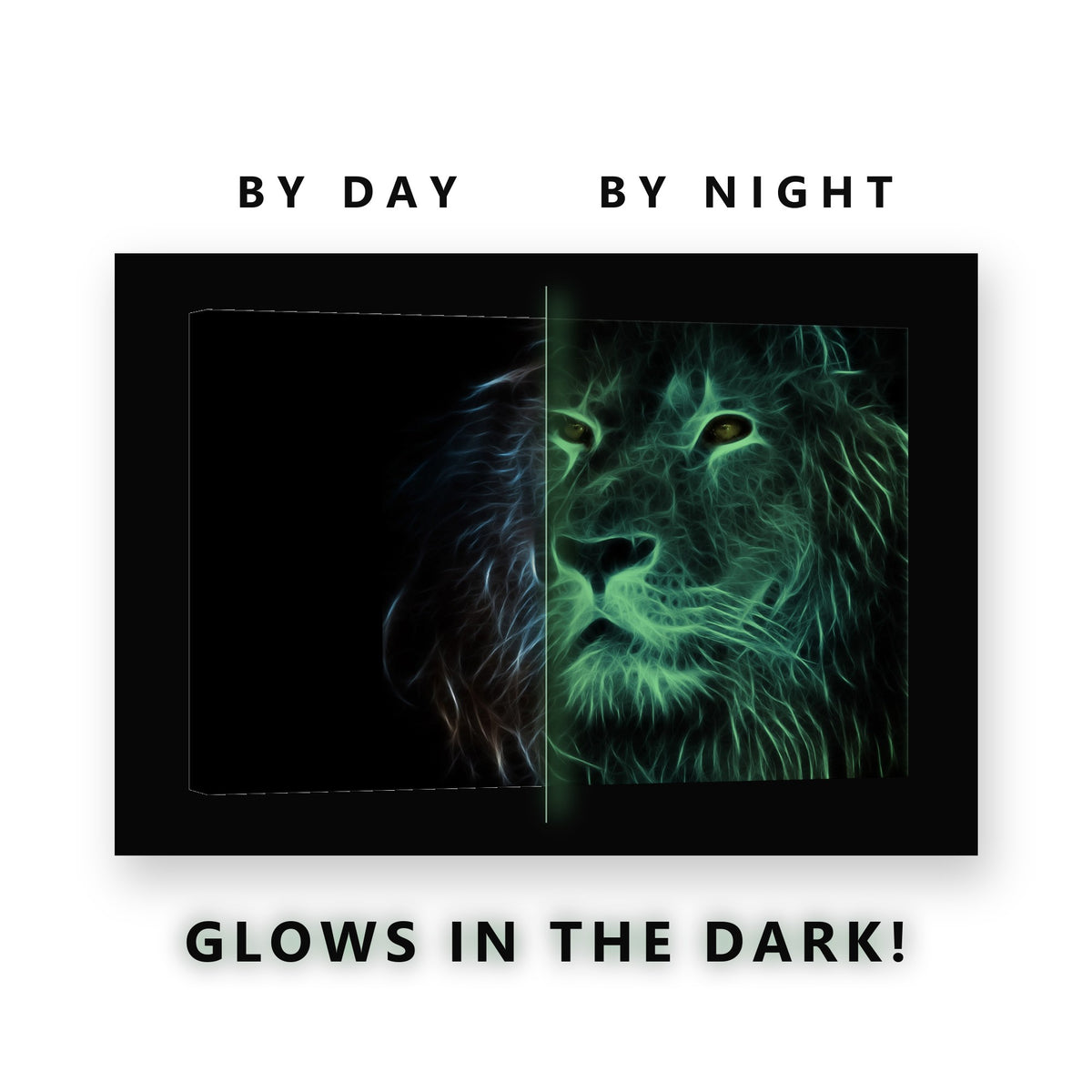 Neon Blue Lion Face Glow in the Dark Canvas Wall Art for Home Office, glowing at night