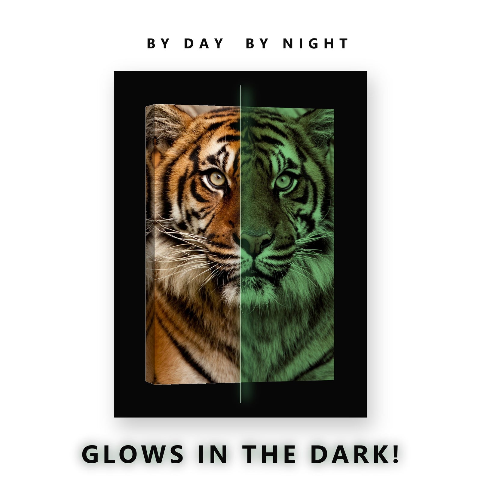 Tiger Face Portrait Glow in the Dark Canvas Wall Art for Living Room, glowing at night