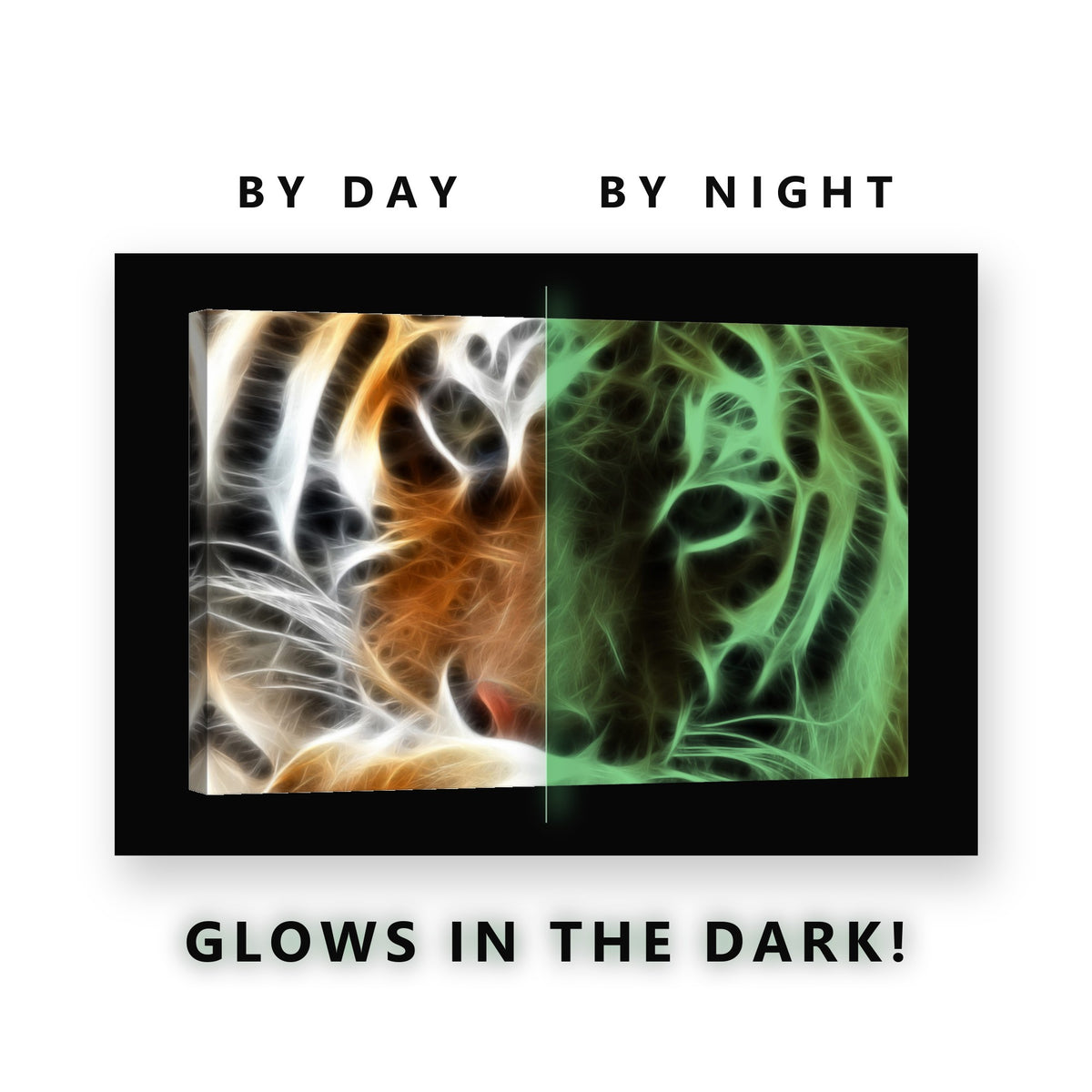 Glowing Fractal Tiger Face Glow in the Dark Canvas Wall Art Home Office, glowing at night