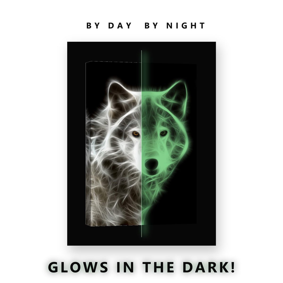 Glowing White Wolf Head Glow in the Dark Canvas Wall Art for Home Office, glowing at night