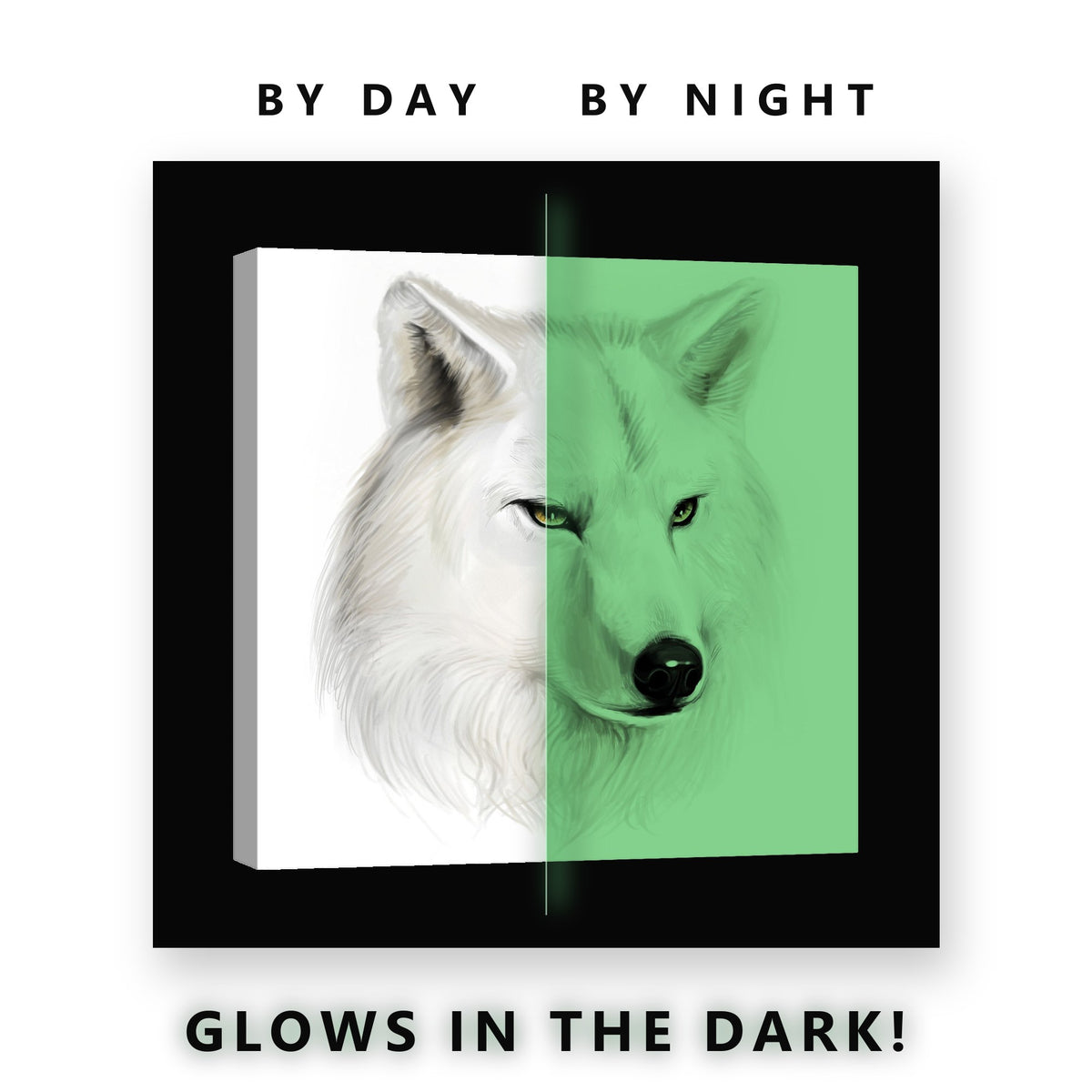Painted White Wolf Glow in the Dark Canvas Wall Art for Home Office, glowing at night