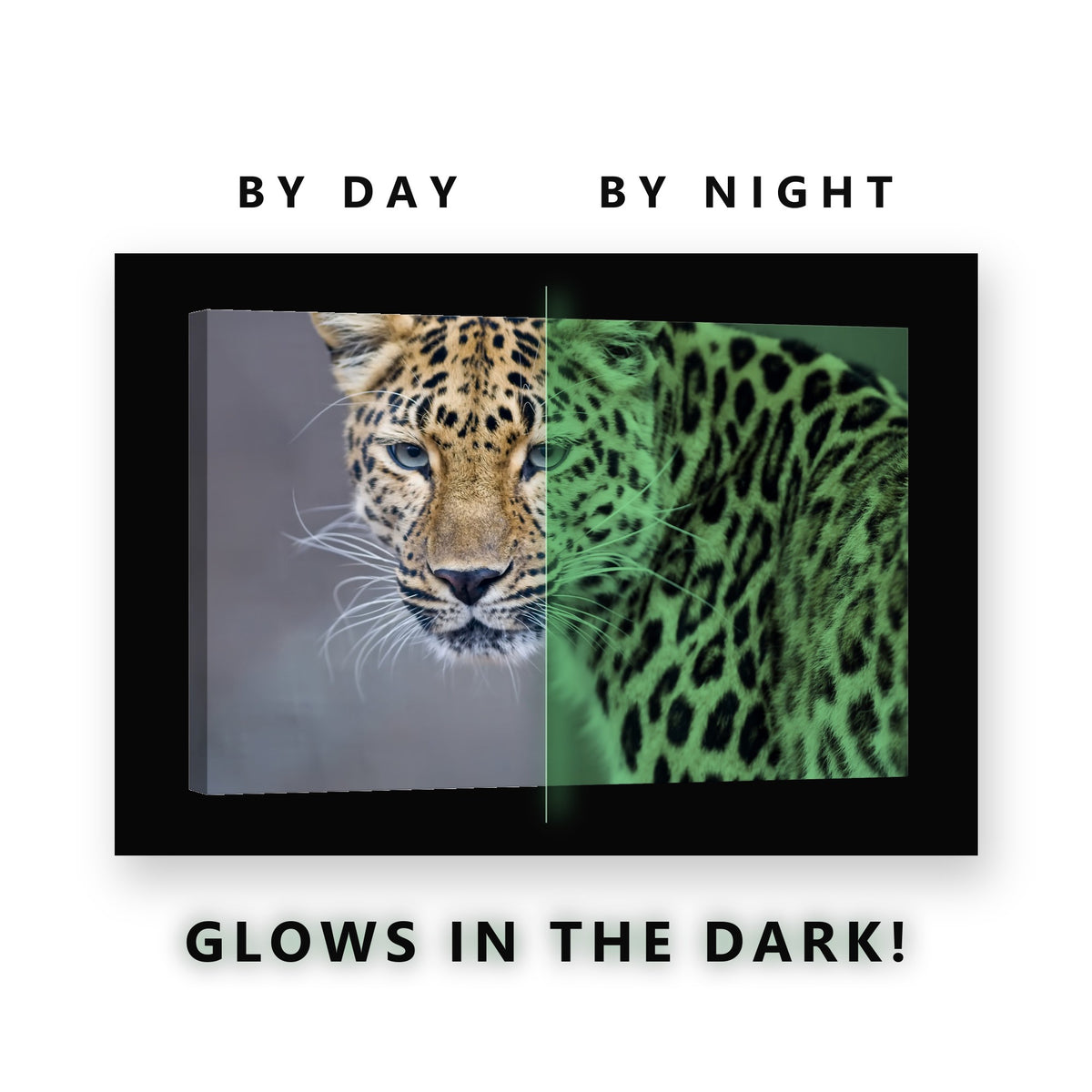 Amur Leopard Portrait Glow in the Dark Canvas Wall Art for Living Room, glowing at night