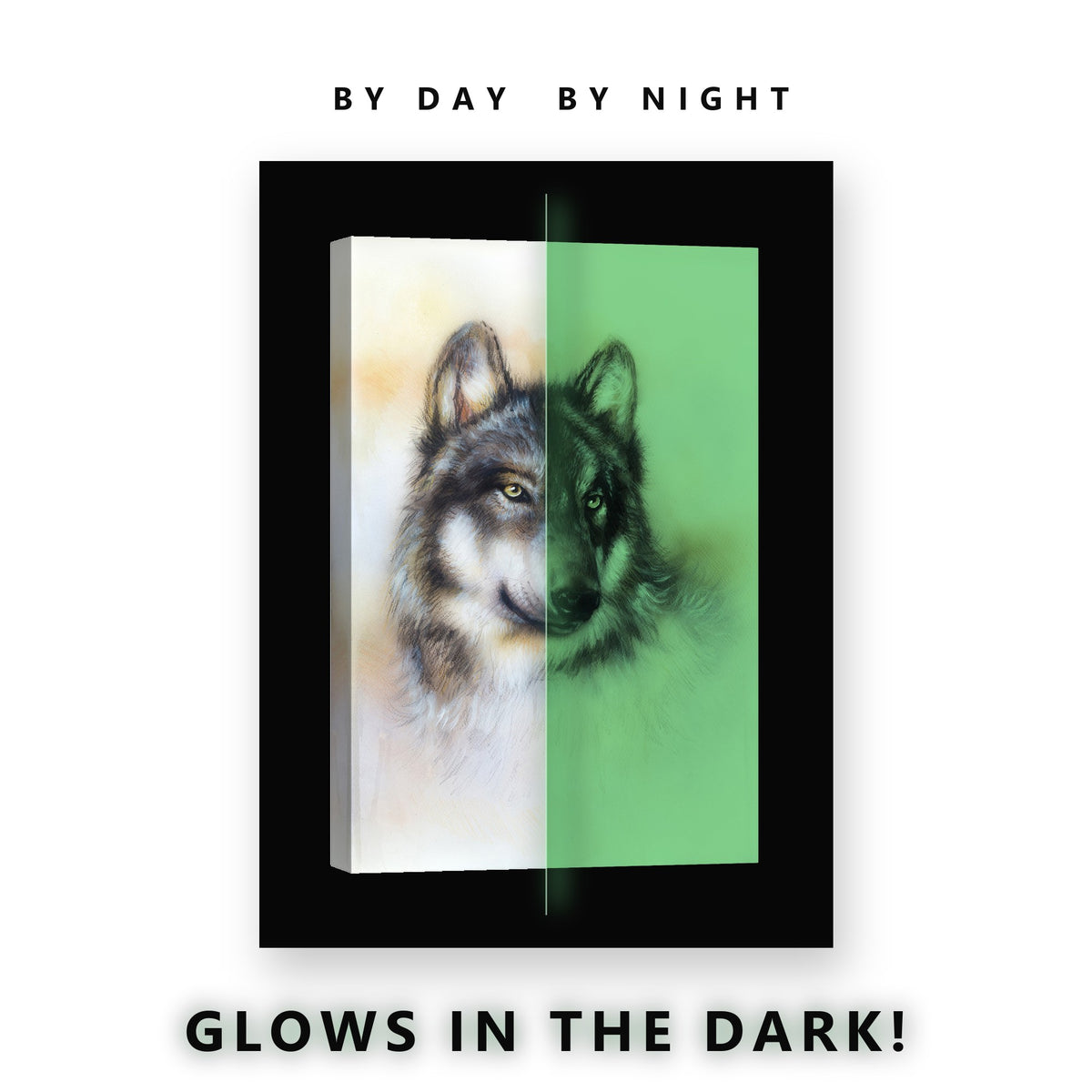 Watercolor Wolf Portrait Glow in the Dark Canvas Wall Art Home Office, glowing at night