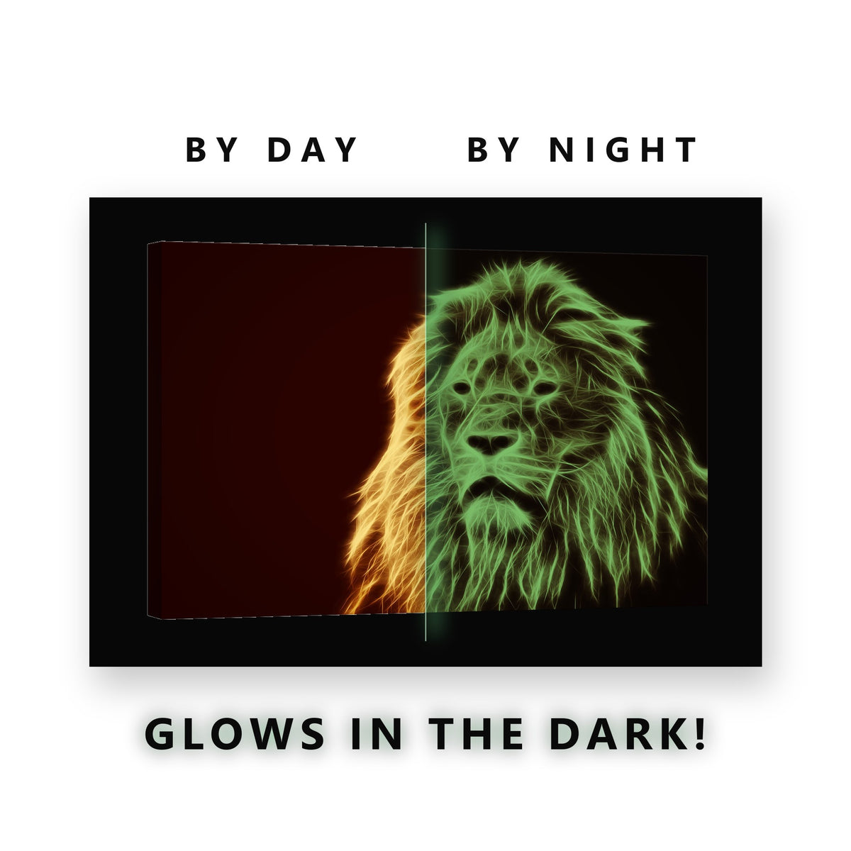 Fire Lion Glowing Mane Glow in the Dark Canvas Wall Art for Man Cave, glowing at night