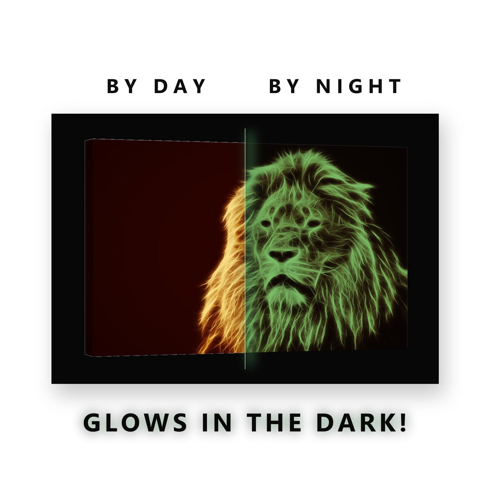 Fire Lion Glowing Mane Glow in the Dark Canvas Wall Art for Man Cave, glowing at night