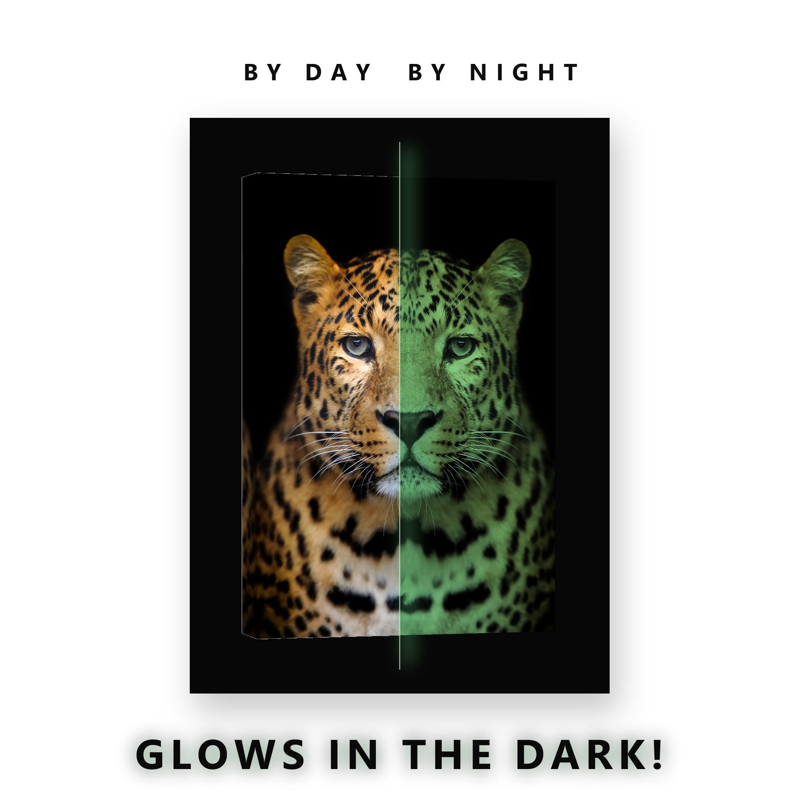 Leopard Face on Black Glow in the Dark Canvas Wall Art for Man Cave, glowing at night