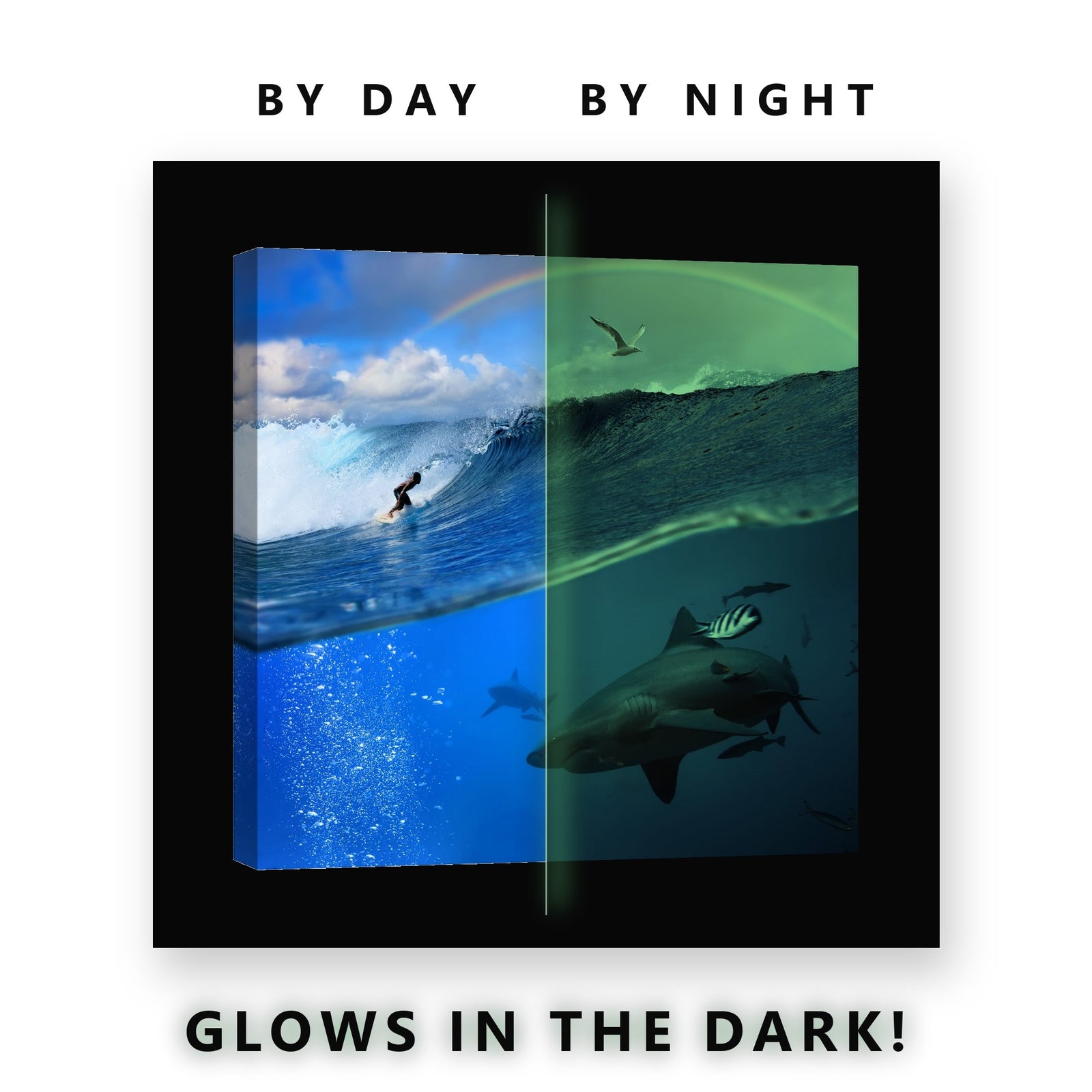 Surfer Above Sharks Split View Glow in the Dark Canvas Wall Art Man Cave, glowing at night