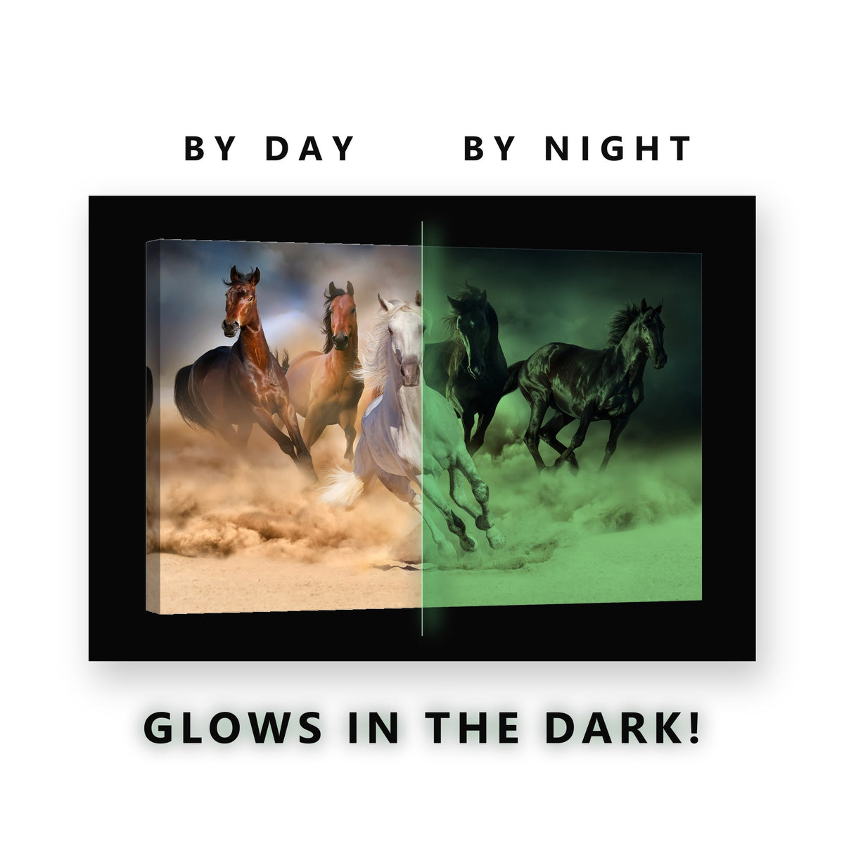Wild Horses in Desert Dust Glow in the Dark Canvas Wall Art Living Room, glowing at night