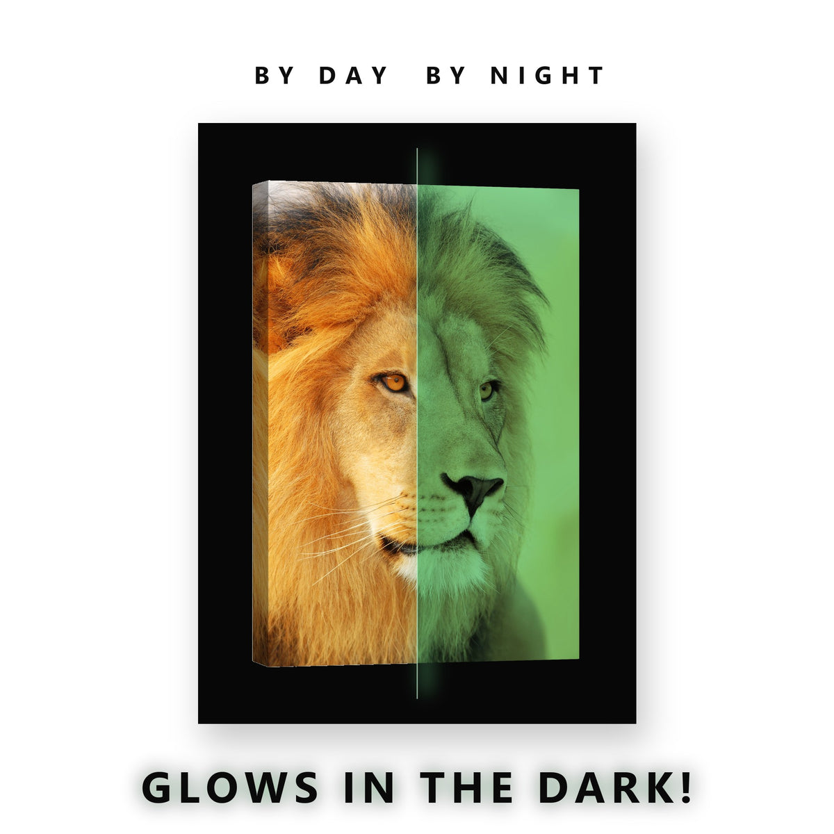 Golden Lion Portrait Glow in the Dark Canvas Wall Art for Living Room, glowing at night