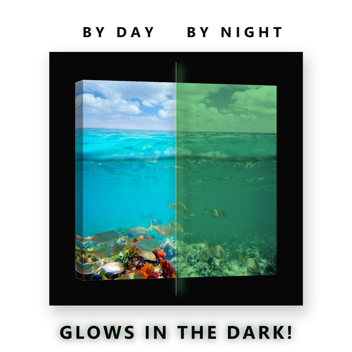 Turquoise Sea Split View Glow in the Dark Canvas Wall Art for Bathroom, glowing at night