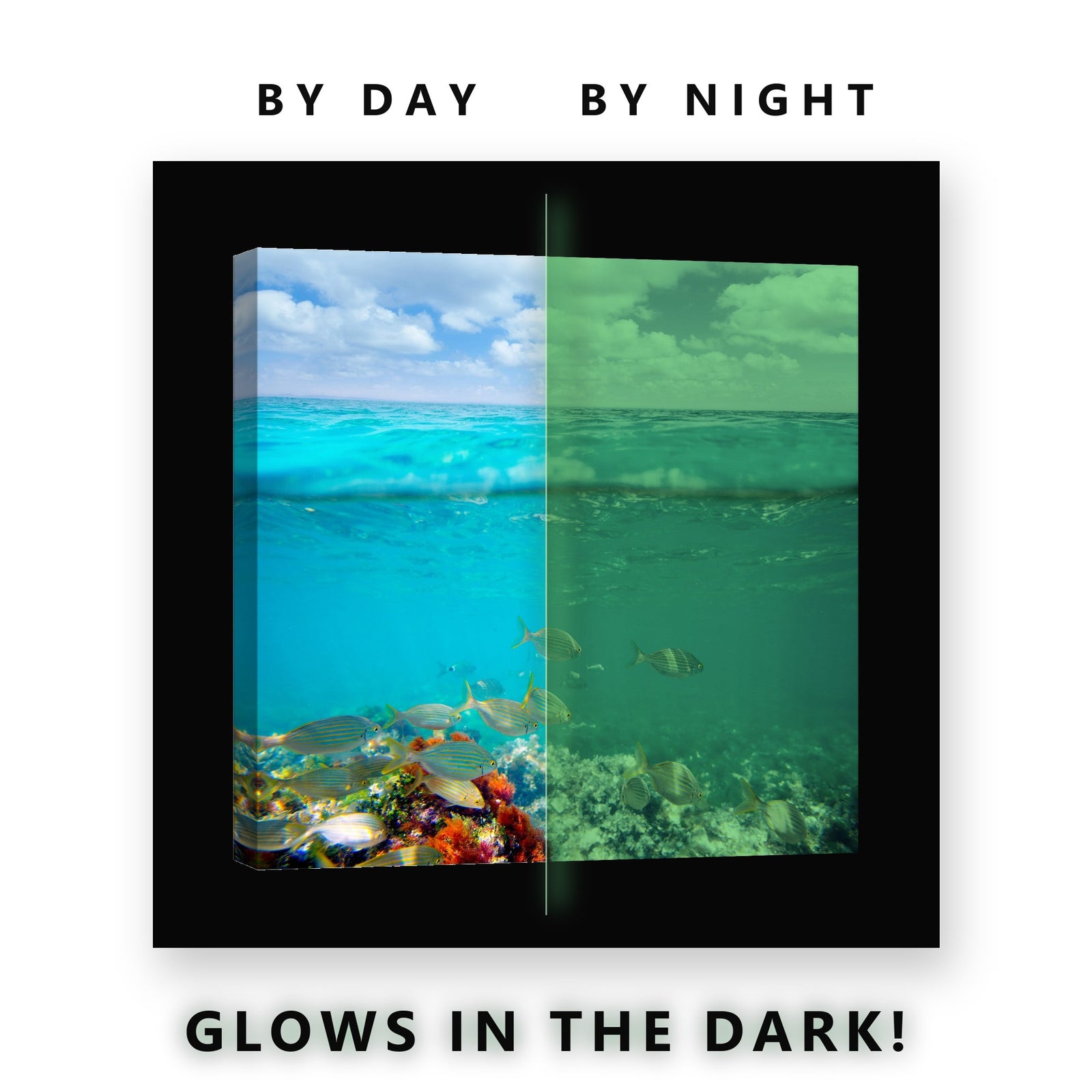 Turquoise Sea Split View Glow in the Dark Canvas Wall Art for Bathroom, glowing at night