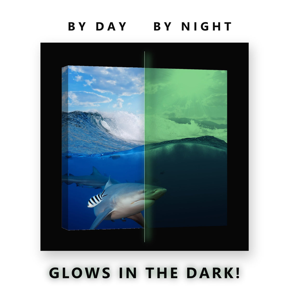 Bull Shark Under the Wave Glow in the Dark Canvas Wall Art for Man Cave, glowing at night