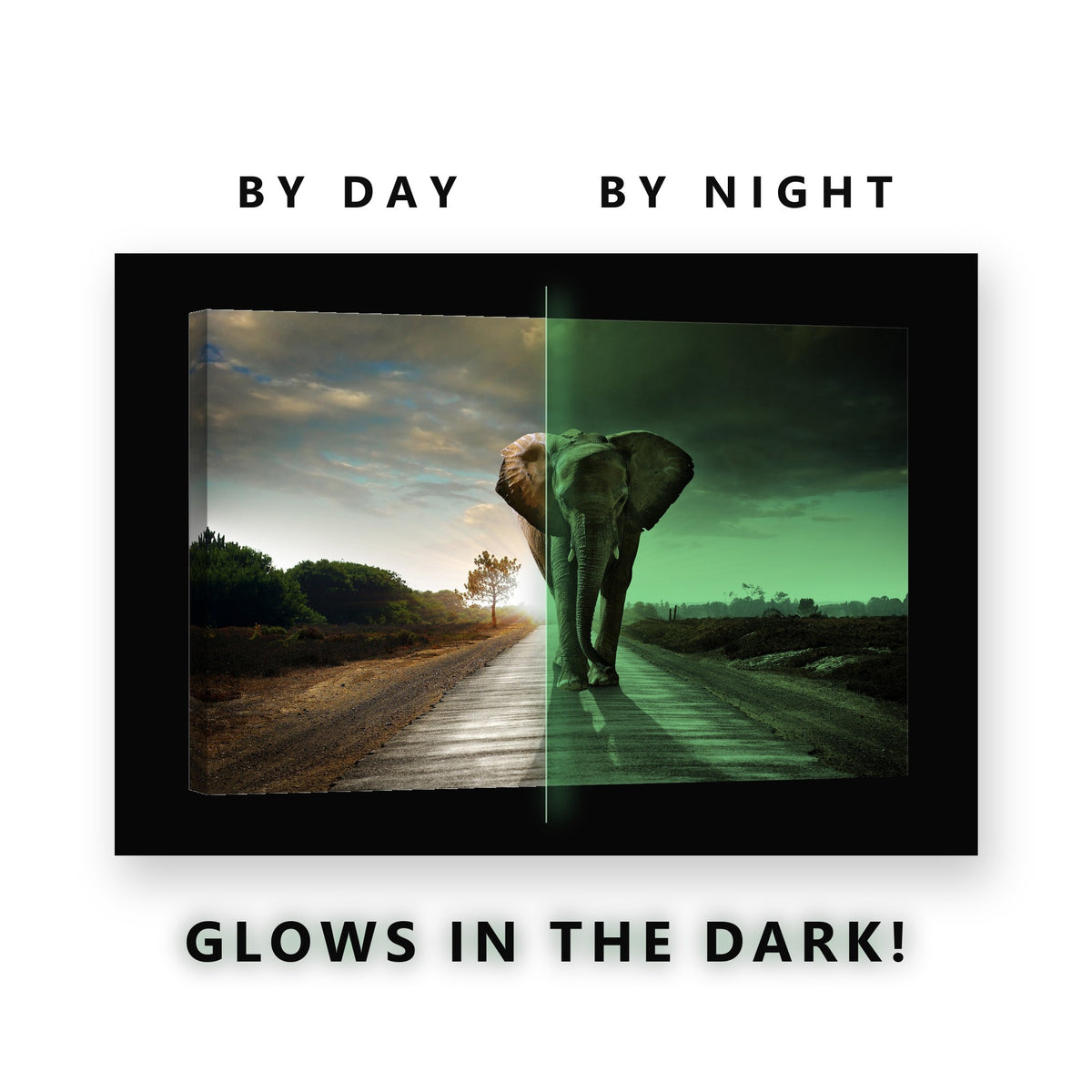 Elephant on the Road at Dawn Glow in the Dark Canvas Wall Art Living Room, glowing at night