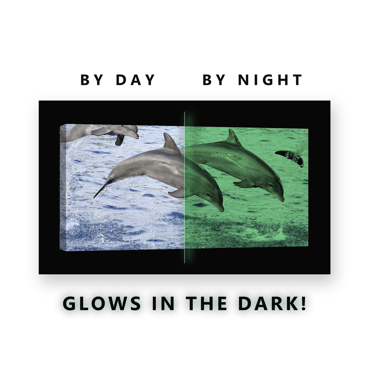 Dolphins Leaping Together Glow in the Dark Canvas Wall Art for Kids Room, glowing at night