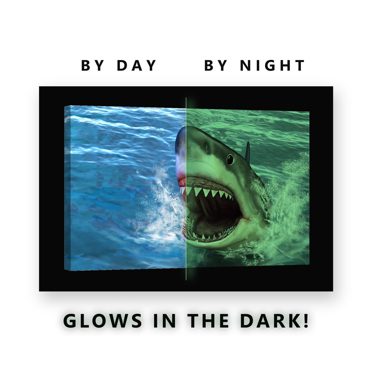 Great White Shark Breaching Glow in the Dark Canvas Wall Art Kids Room, glowing at night