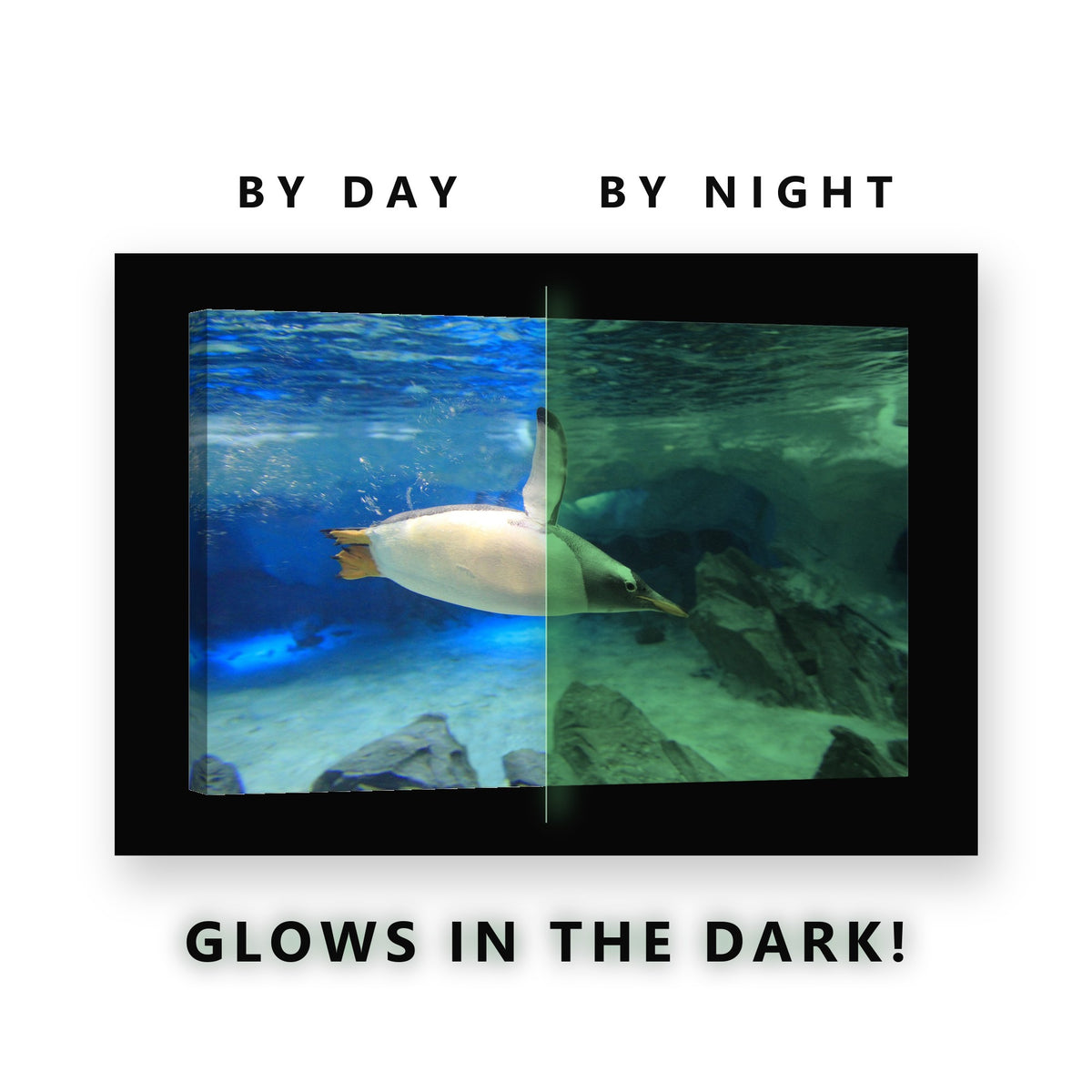 Penguin Swimming Underwater Glow in the Dark Canvas Wall Art Kids Room, glowing at night