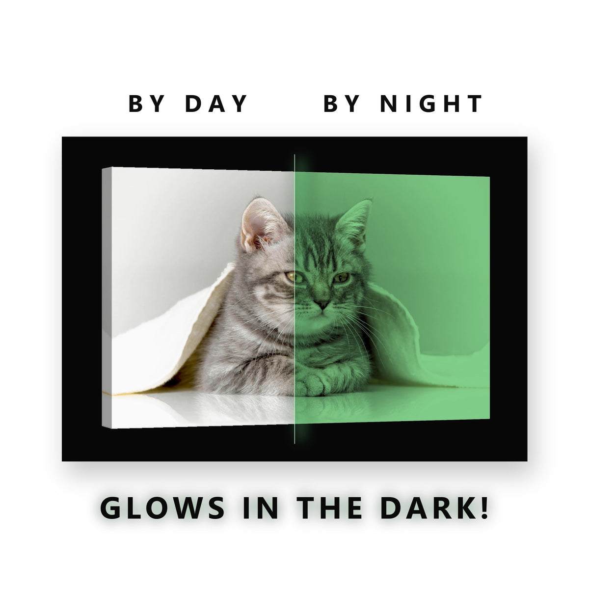 Kitten Under a Blanket Glow in the Dark Canvas Wall Art for Kids Room, glowing at night