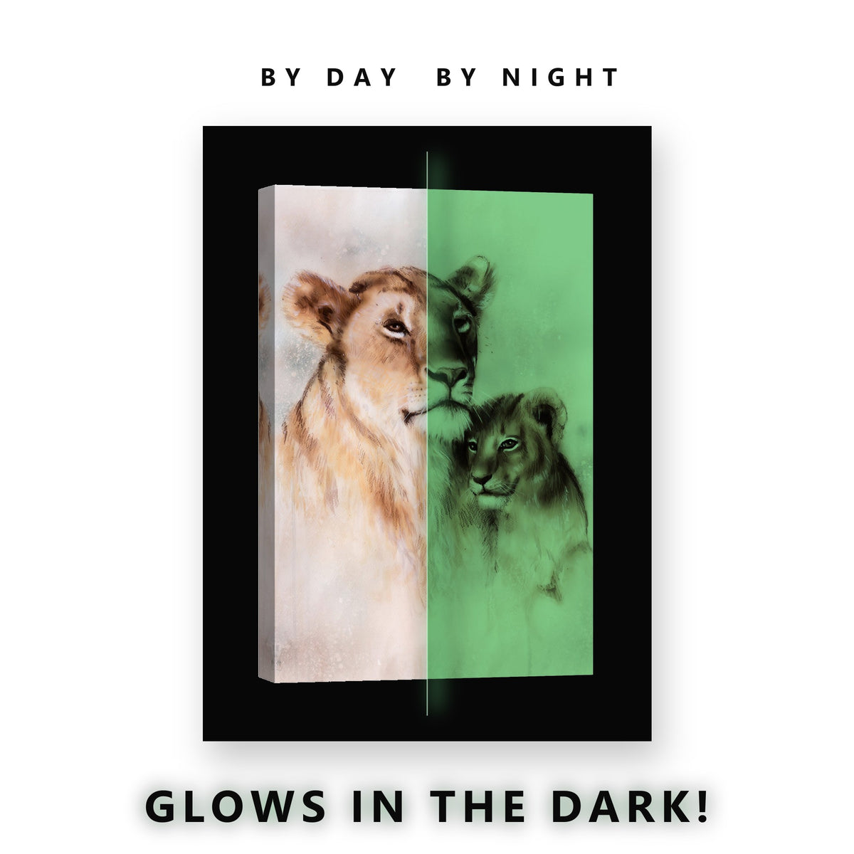 Painted Lioness and Cub Glow in the Dark Canvas Wall Art for Kids Room, glowing at night