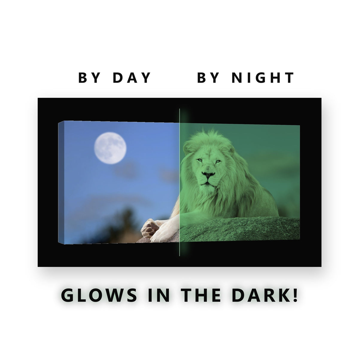 White Lion and Full Moon Glow in the Dark Canvas Wall Art Living Room, glowing at night
