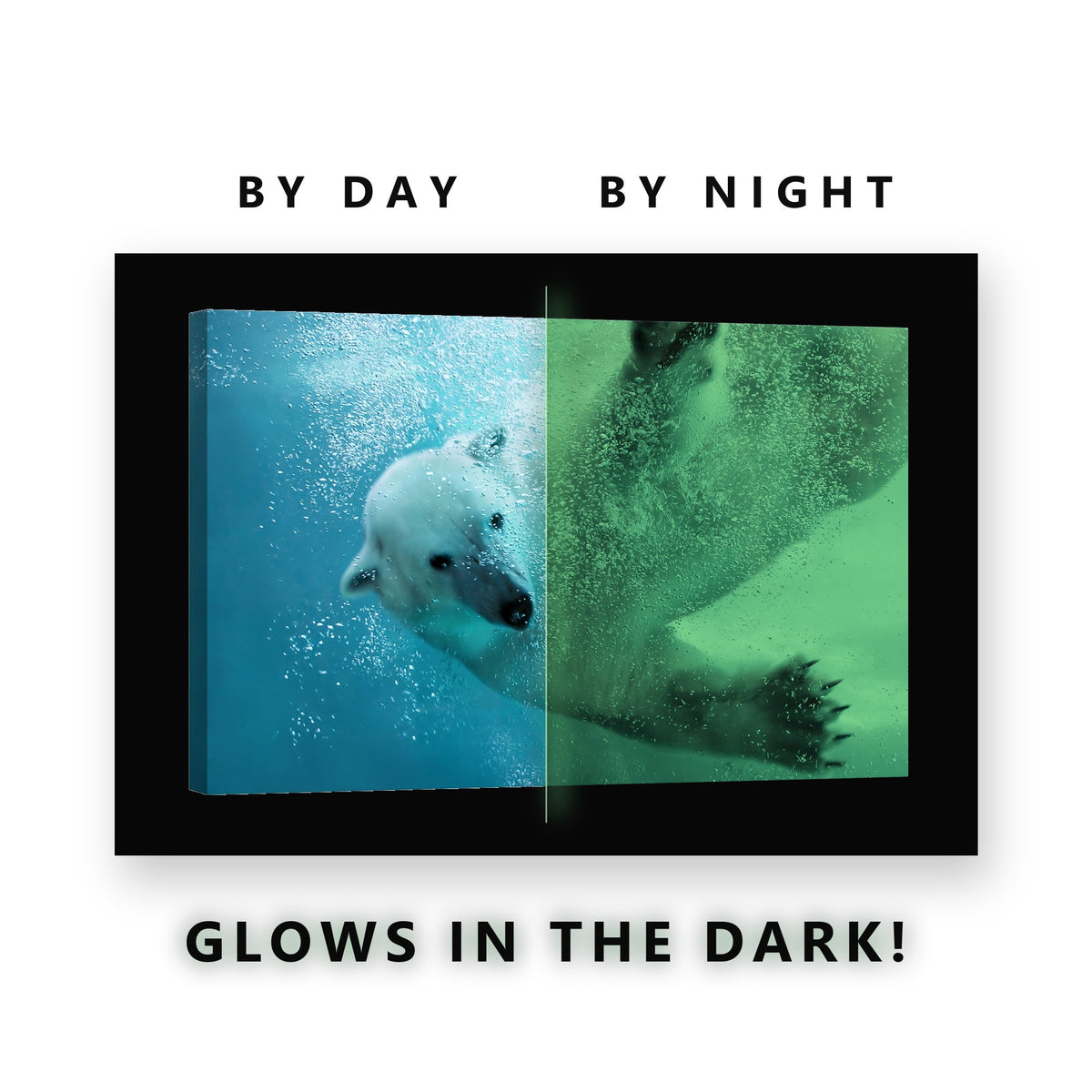 Polar Bear Diving Underwater Glow in the Dark Canvas Wall Art Kids Room, glowing at night