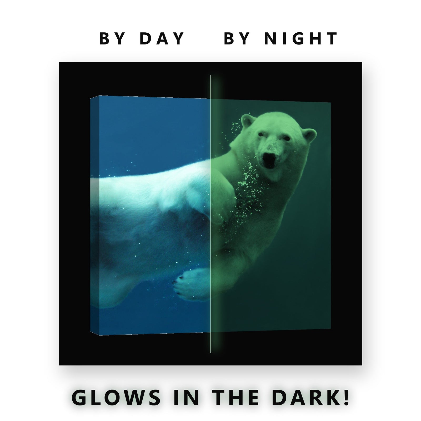 Polar Bear Swimming in Blue Glow in the Dark Canvas Wall Art Living Room, glowing at night