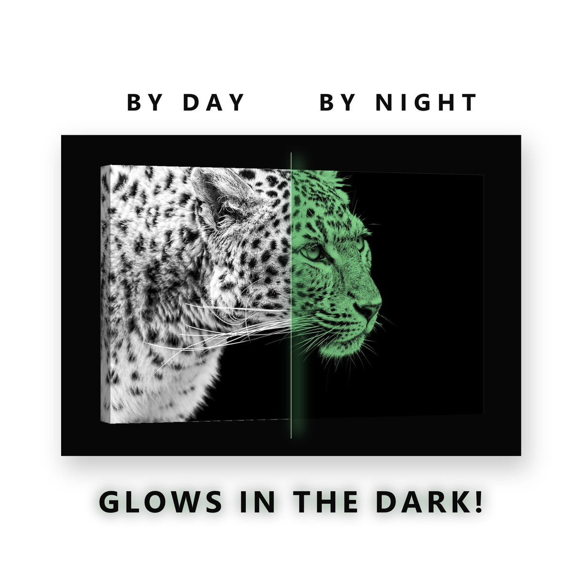 Leopard Profile in Monochrome Glow in the Dark Canvas Wall Art Office, glowing at night