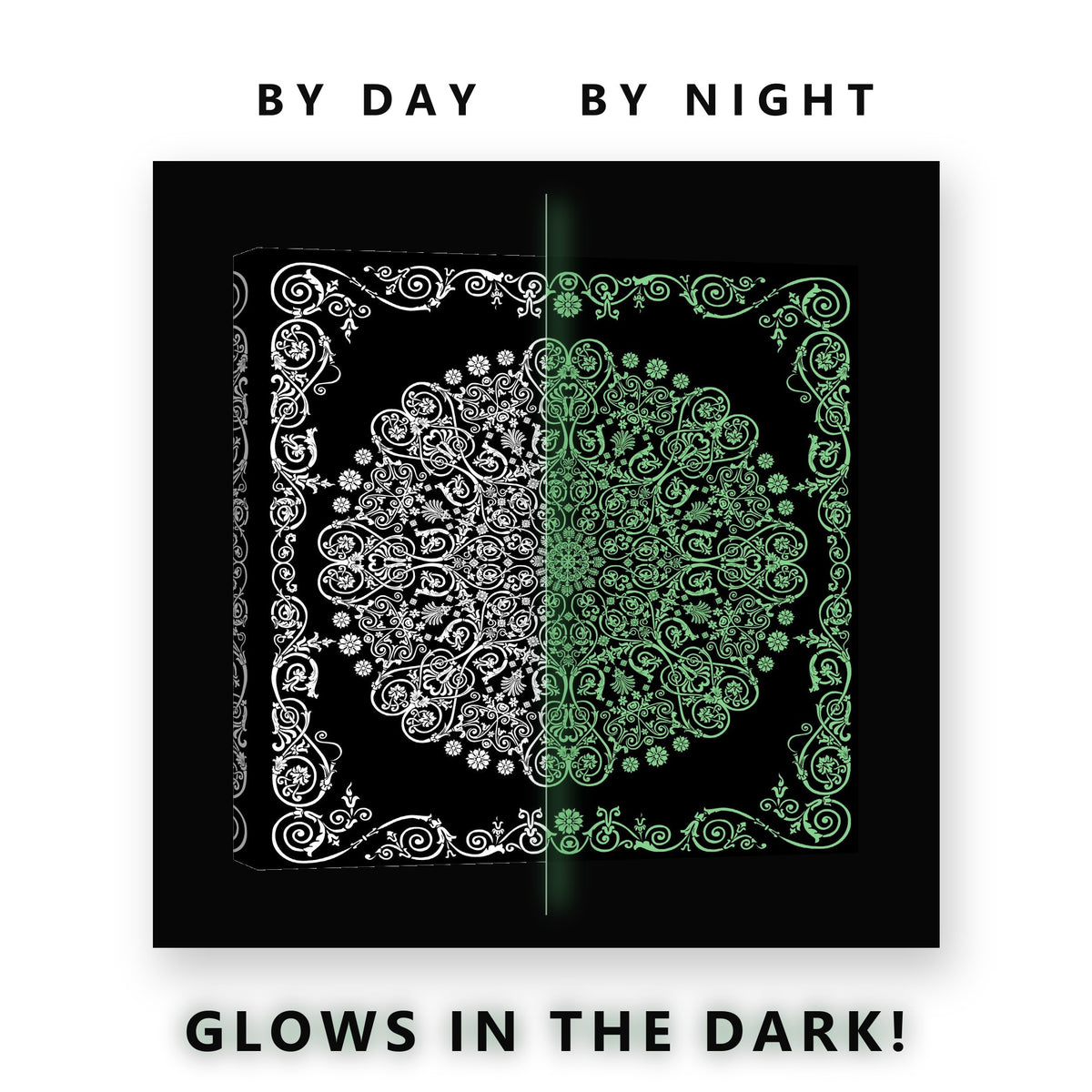 White Mandala on Black Glow in the Dark Canvas Wall Art for Living Room, glowing at night