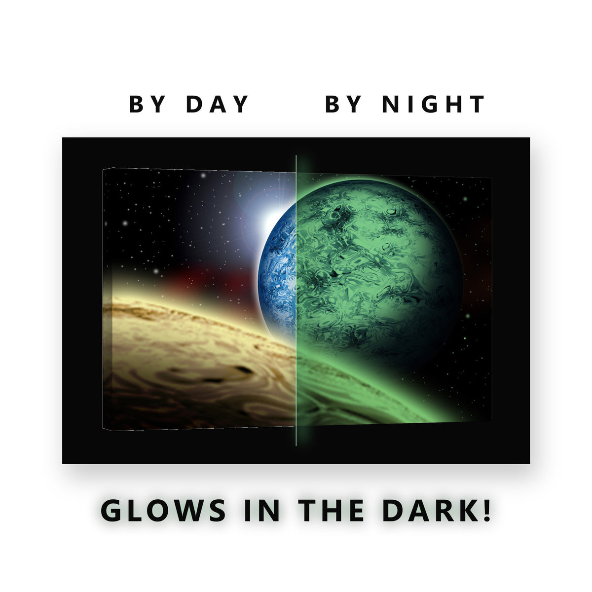 Blue Planet Over a Gas Giant Glow in the Dark Canvas Wall Art Kids Room, glowing at night